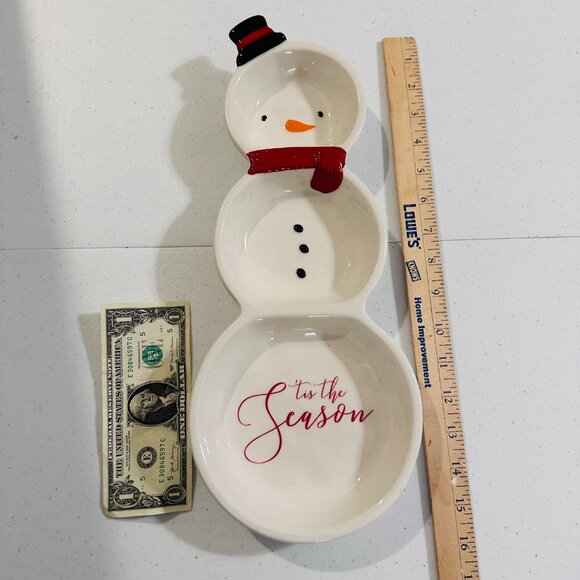 Ceramic Snowman 3 Section Server Dish Tis The Season By Grasslands Road - Picture 4 of 14